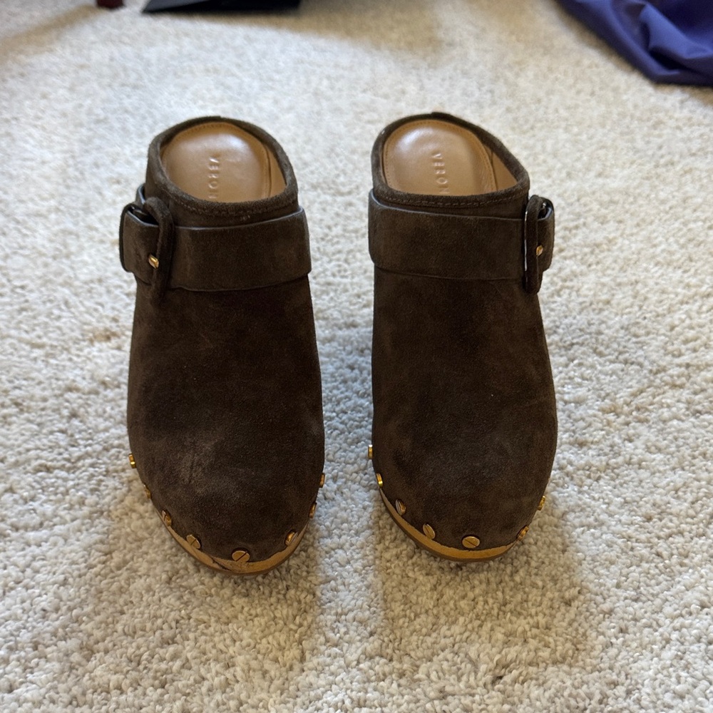 Brown Suede Clogs with Buckle